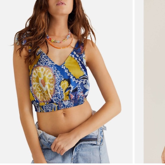 NWT Free People Weekend In Montauk Cami Crop Top Blue|Yellow|Floral Size Large - Picture 2 of 6